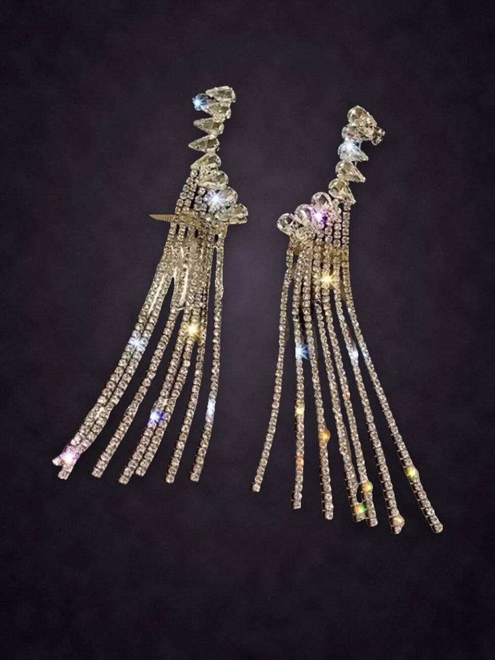 Silver Tone Rhinestone Tassel Fringe Earrings, Long Crystal Drop NWT